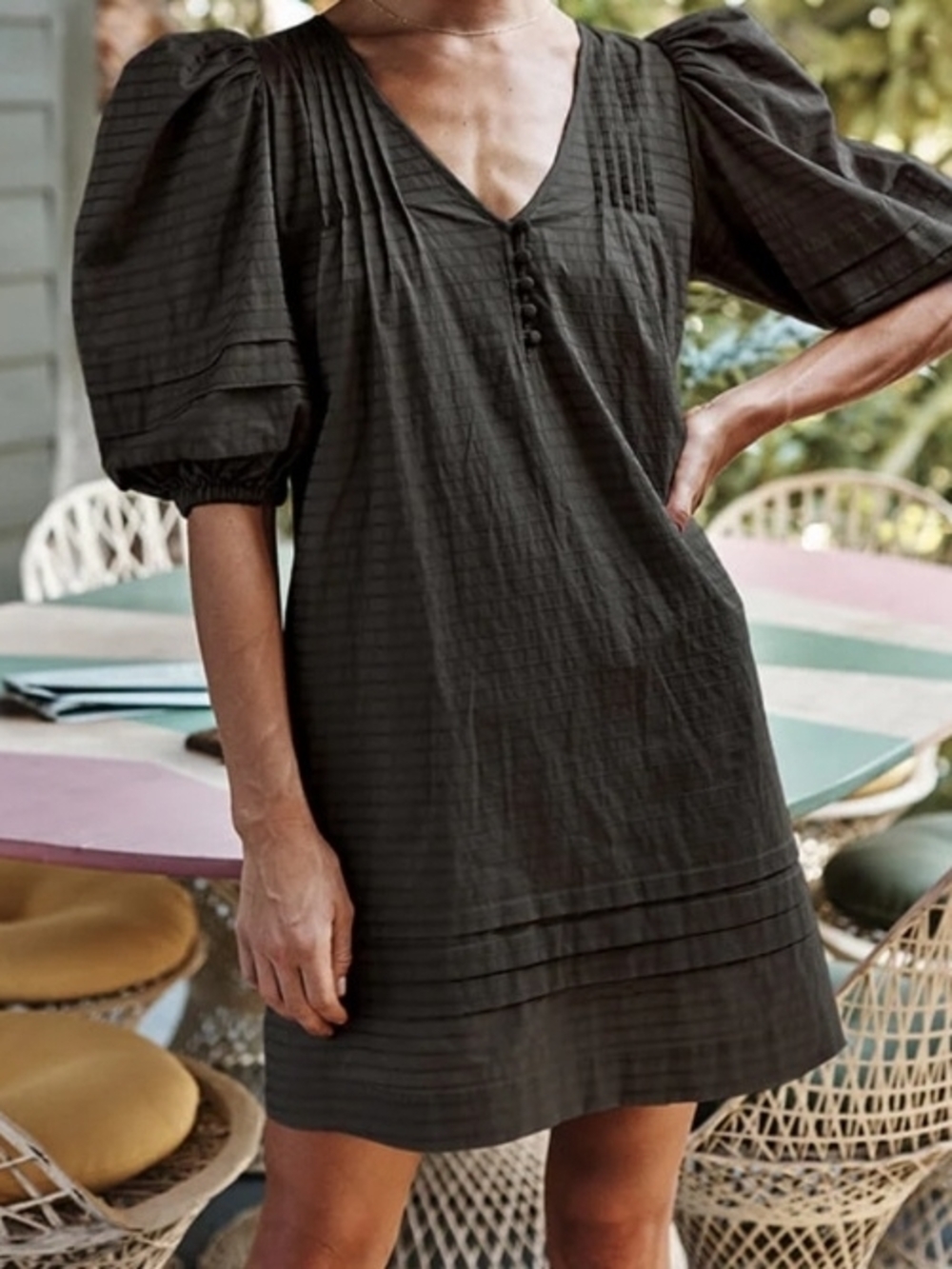 SUMMERSALT Black Puff-Sleeve V-Neck Mini Dress